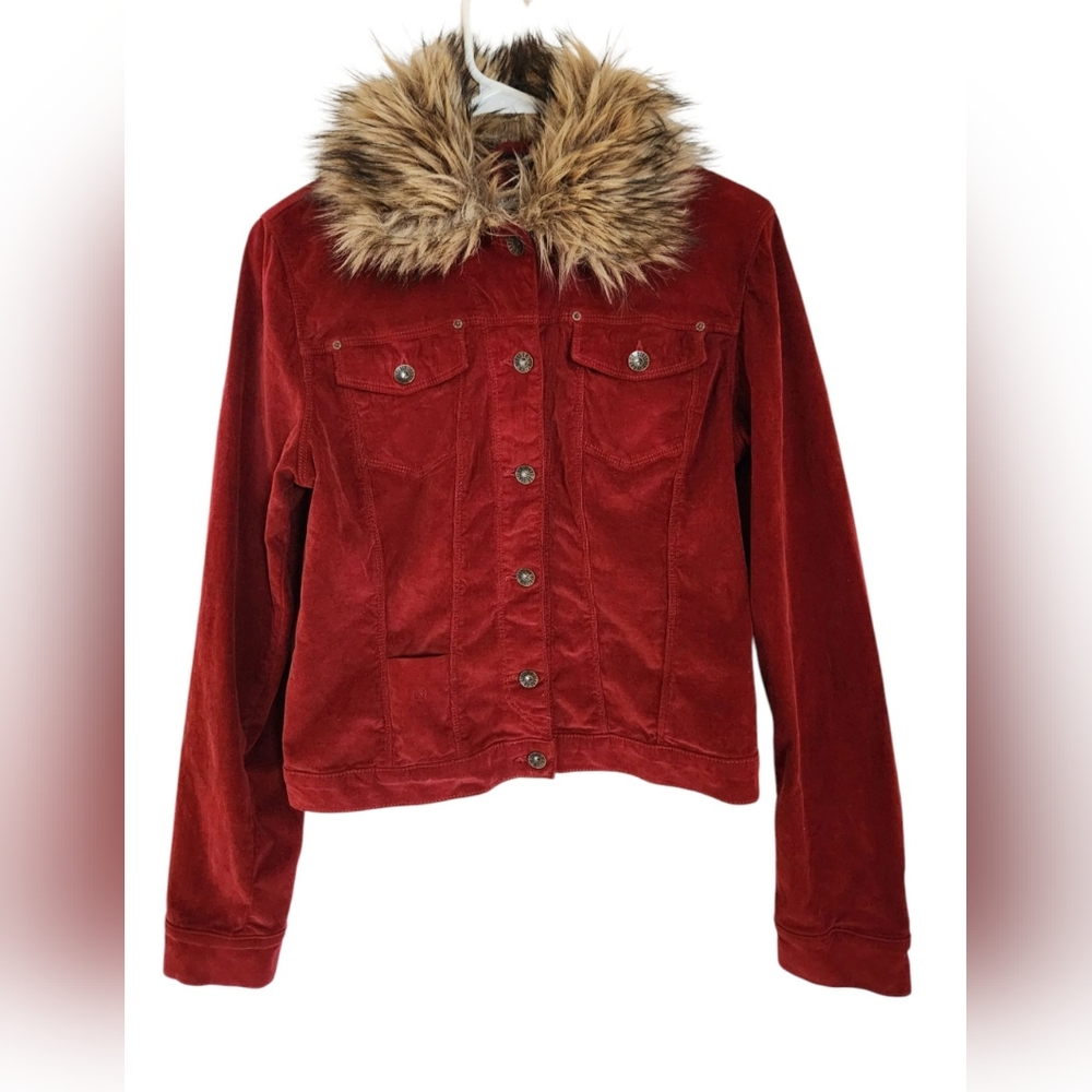 Sinclair Red Corduroy Jacket Women Medium Flap Pockets Fur Collar Hippie Y2K USA